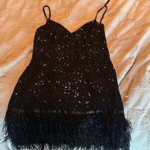 Lulu's Black Sequin Dress with Feather Detail